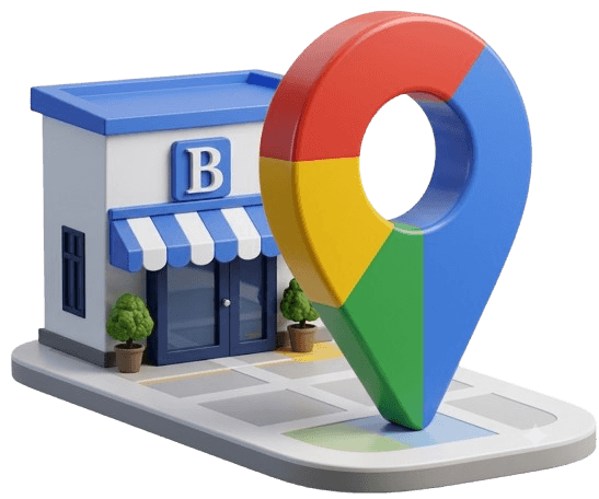 Fachada de um negócio local com o marcador do Google